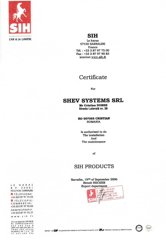 Certificare SHEVS partener SIH Franța
